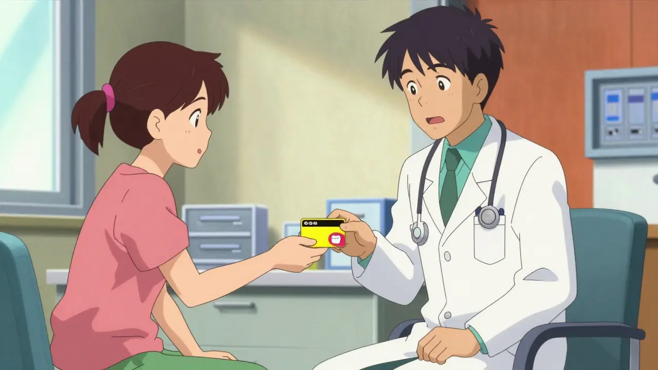 A patient showing an allergy information card to a doctor in a vibrant, expressive anime style.