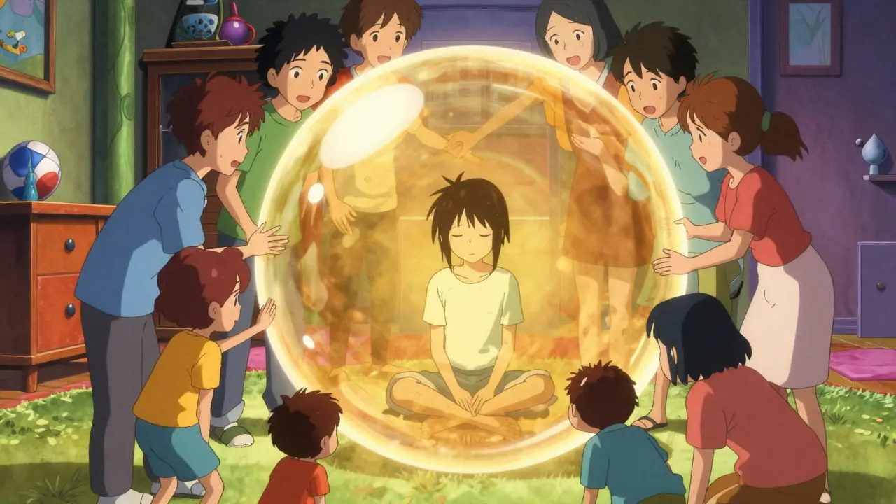 A person inside a glowing golden protective bubble surrounded by supportive family members