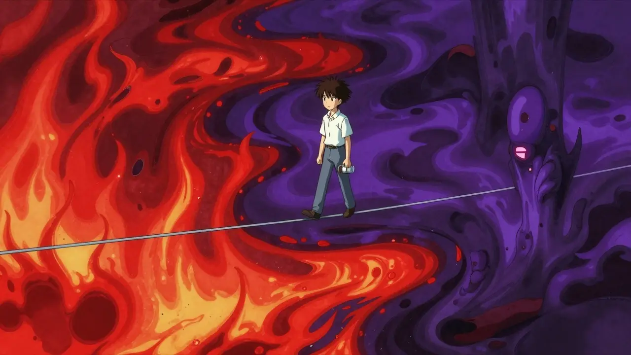 A person walking a tightrope between organ rejection and drug toxicity in a surreal void.