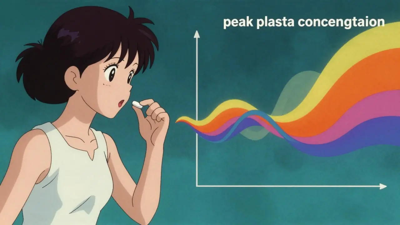 Abstract anime illustration of a mother taking medication with a concentration curve.