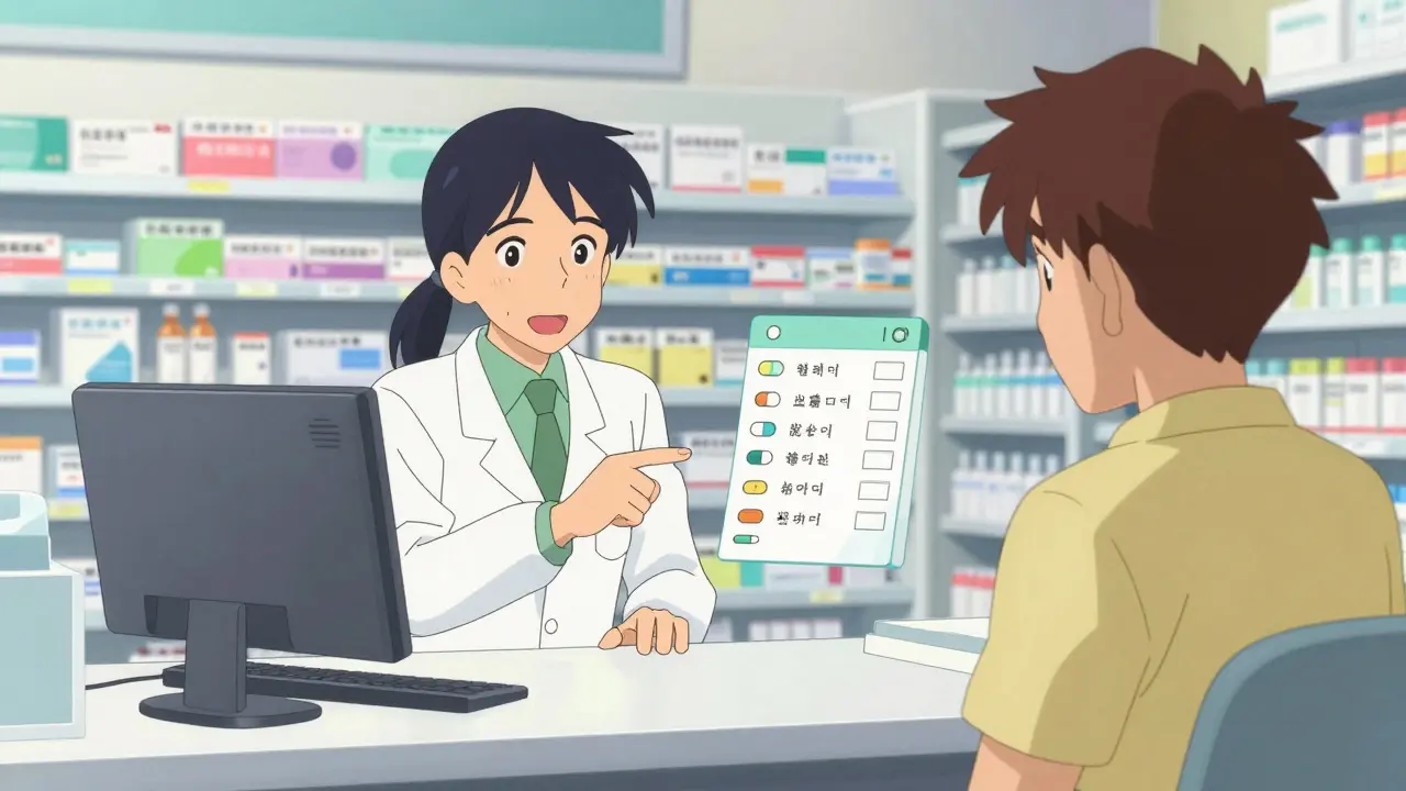 An expressive anime scene of a patient and pharmacist discussing medication safety in a pharmacy.
