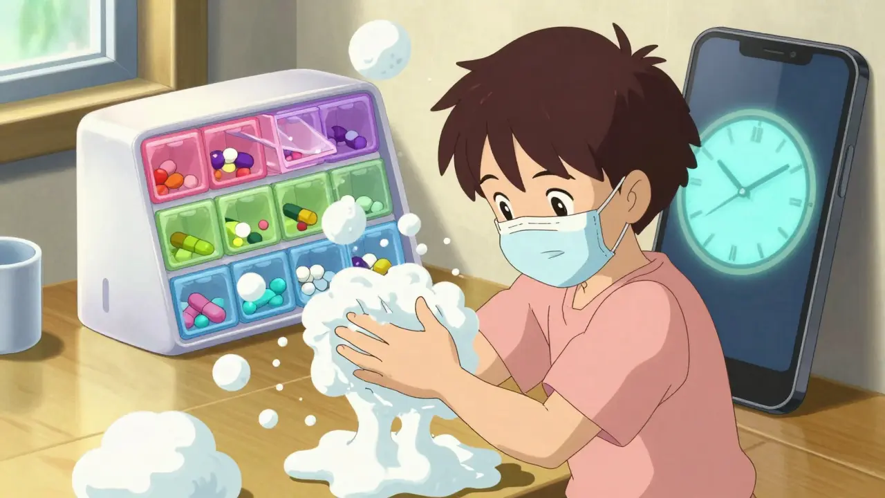 Anime scene of a patient practicing hygiene and using a pill organizer for health safety.