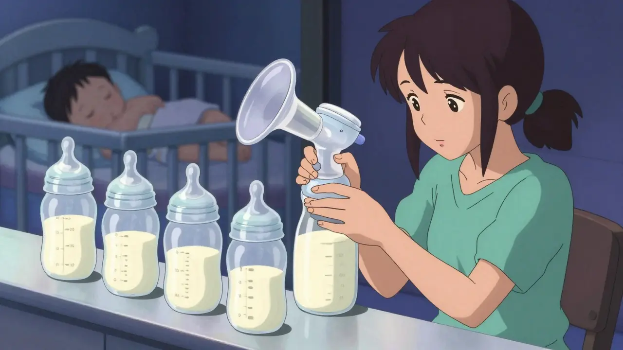 Anime style mother pumping breast milk with a sleeping baby in the background.