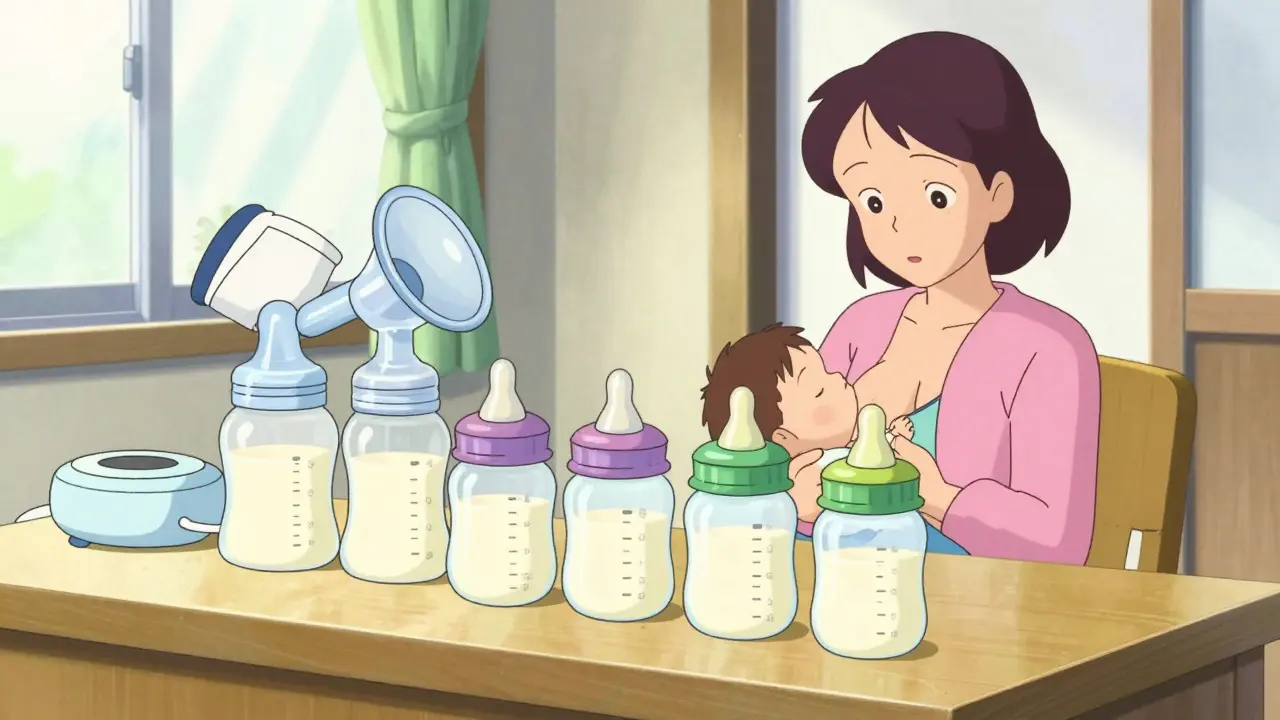 Anime style scene of stored breast milk bottles and a breast pump in a bright room.