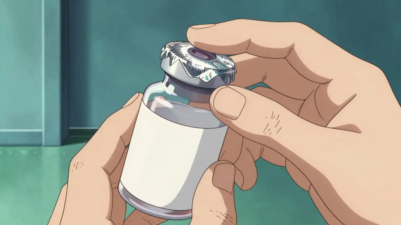 Close-up of a hand checking the foil seal of a medicine bottle in anime style