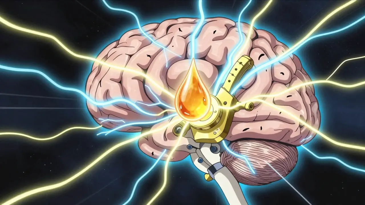 Conceptual anime art of brain electrical currents and a golden oil drop affecting neural brakes.