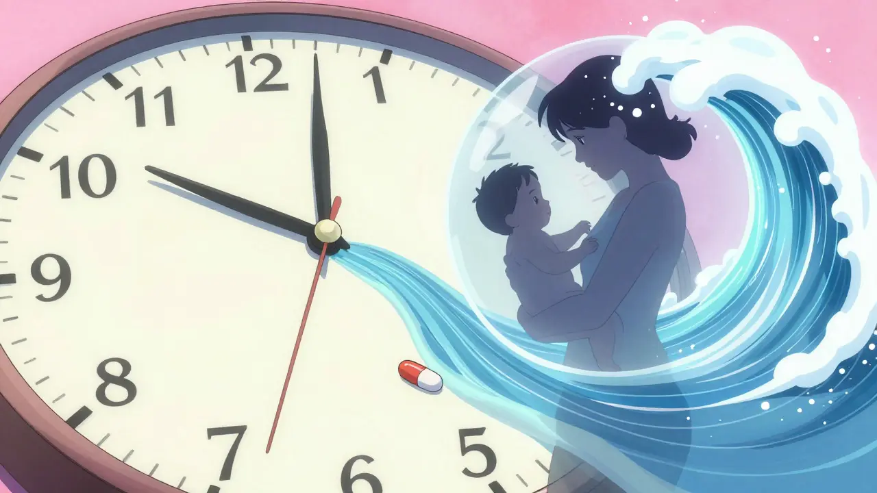 Conceptual anime illustration of a drug's half-life and peak concentration protecting a baby.