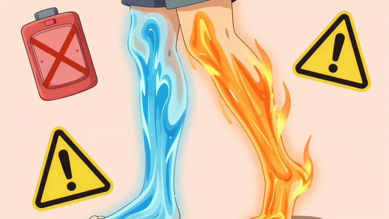 Conceptual depiction of cooling and heating sensations on a leg with safety warning symbols.
