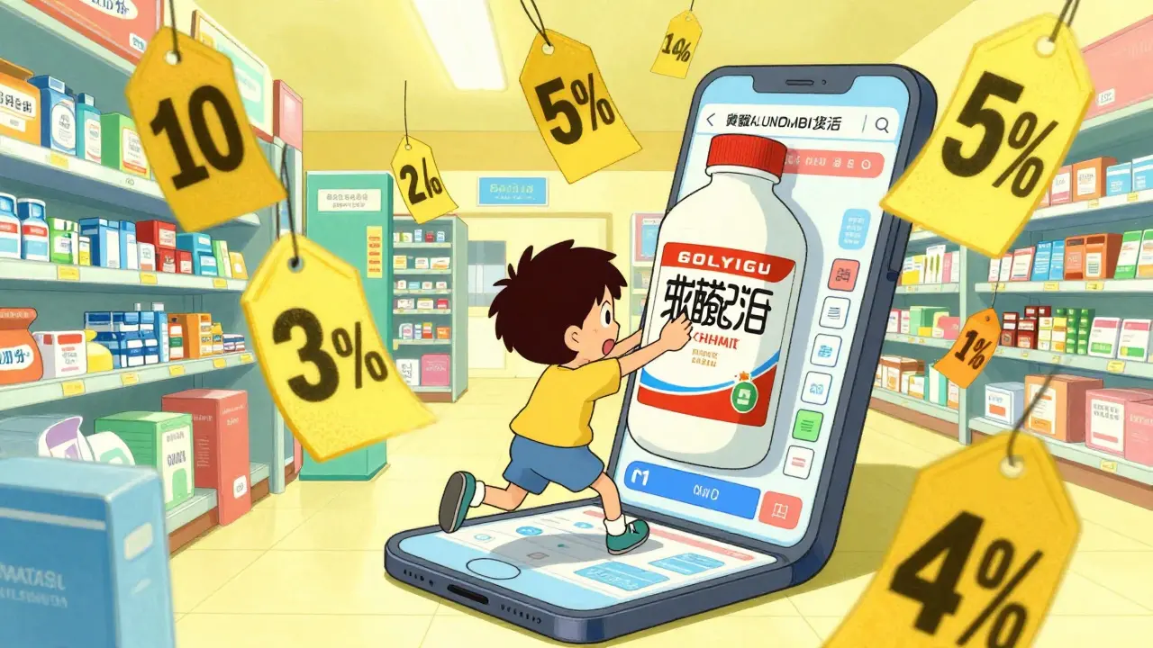 Energetic anime character comparing pharmacy prices on a digital interface