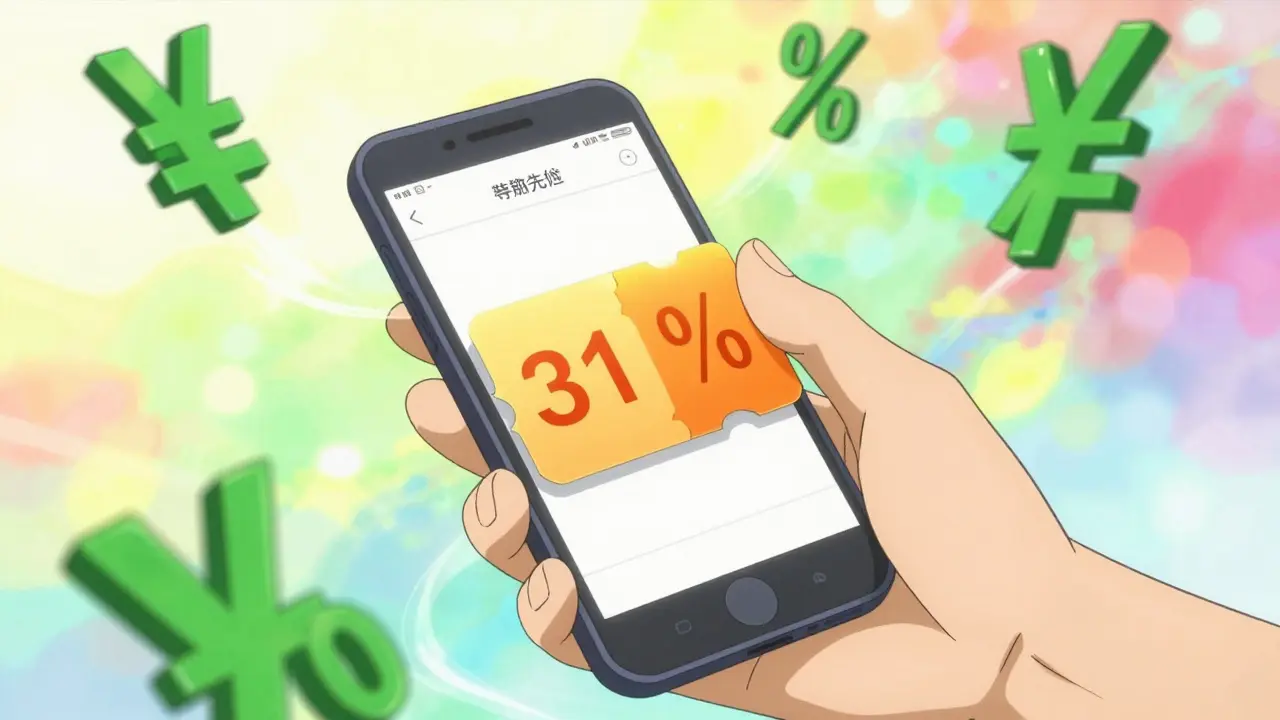 Hand holding a phone with a digital discount coupon surrounded by abstract symbols.