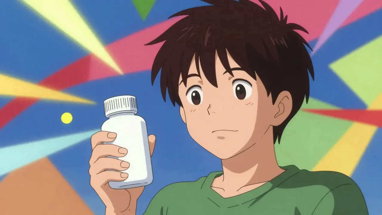 Happy anime character holding a generic medication bottle in a colorful setting