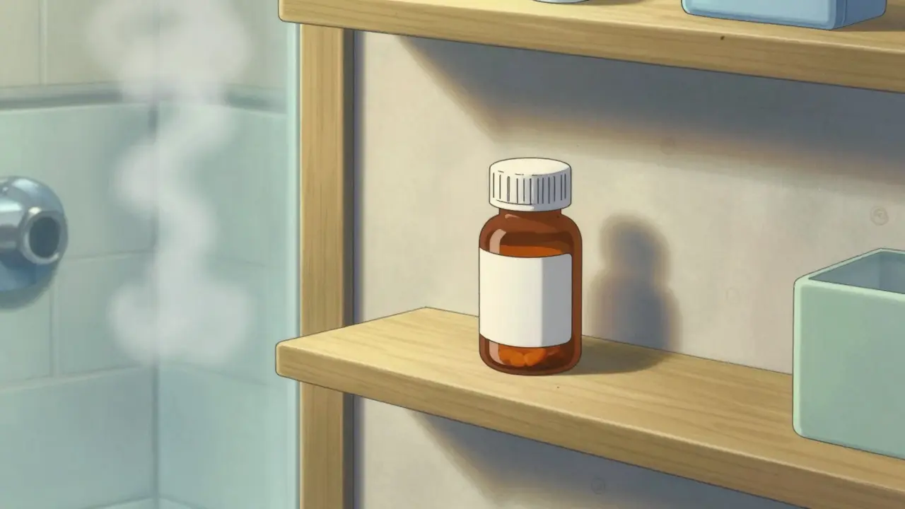 Medication bottle stored safely on a wooden shelf in a bright, stylized room.