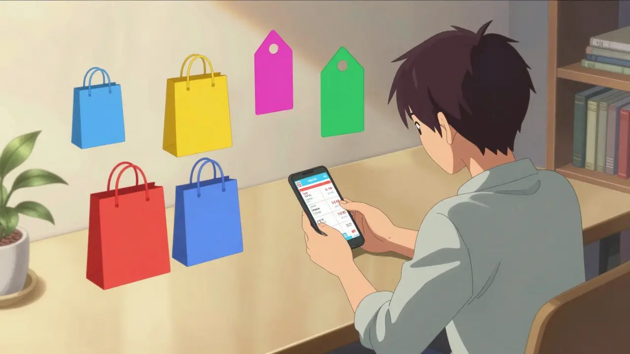 Person using a smartphone to compare online prices in a stylized anime room