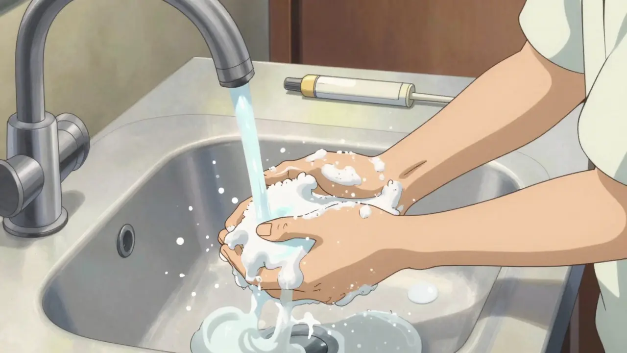 Person washing their hands thoroughly after applying a topical medication.