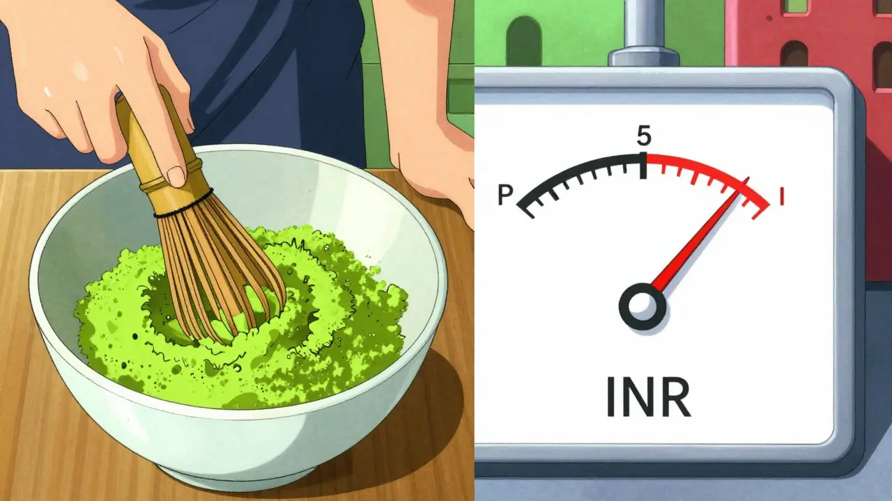 Split scene showing Matcha preparation and a shifting INR medical gauge in an expressive anime style.