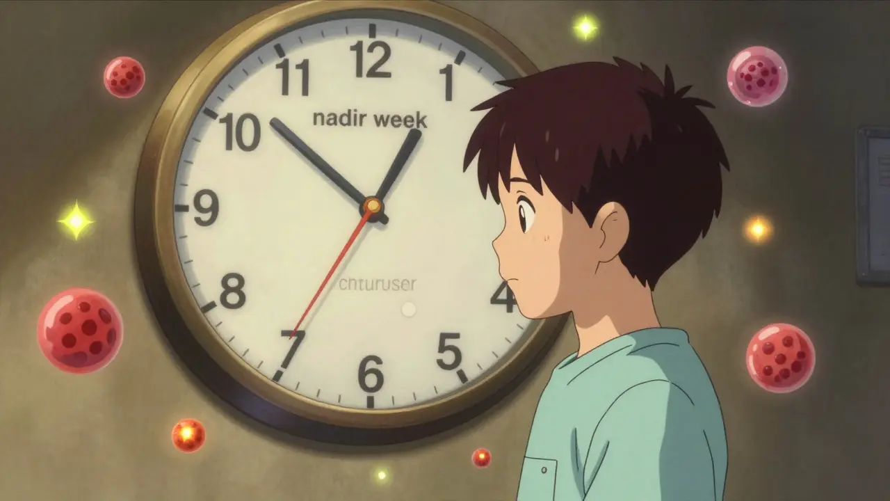 Stylized person with a surreal clock representing the timing of medical vaccine cycles