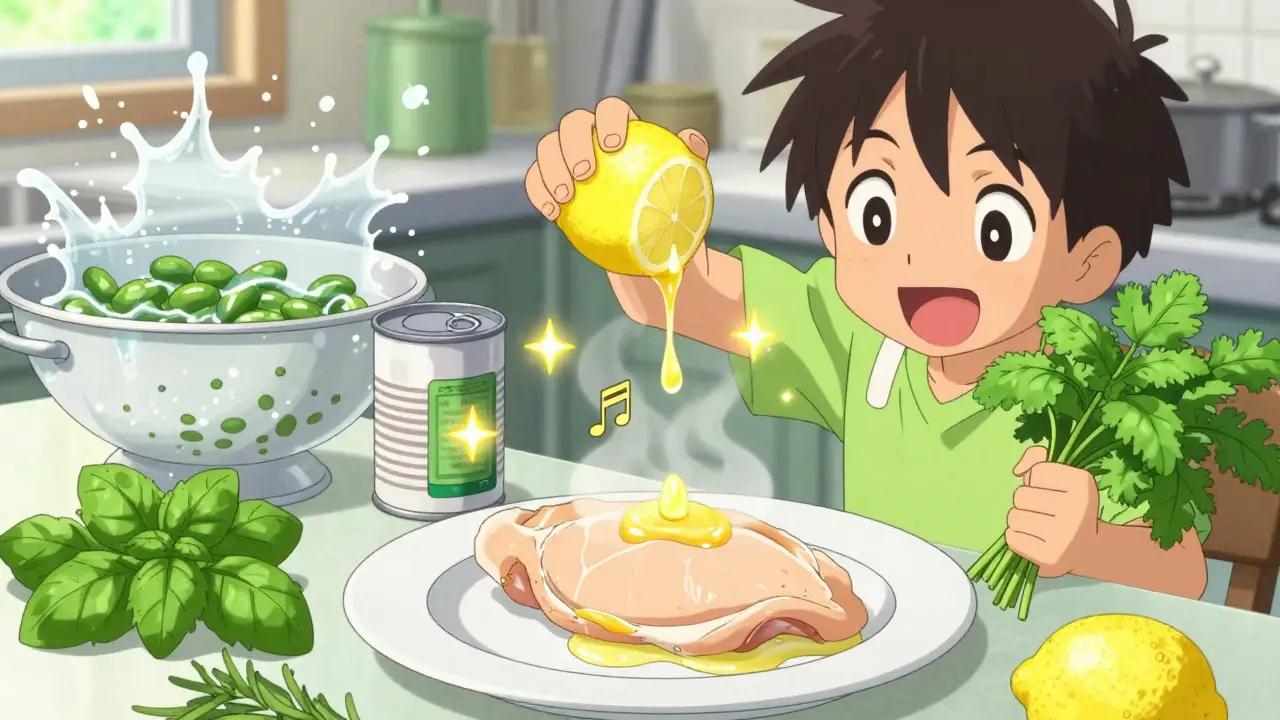 Anime character seasoning chicken with lemon and herbs for flavor instead of salt.