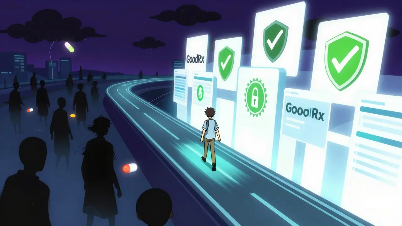 Anime illustration of a user navigating a digital path towards safe, verified online pharmacies away from dark shadows.