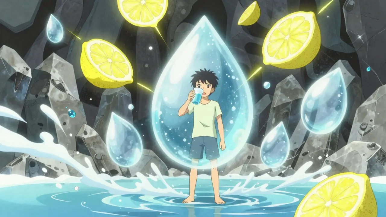 Anime illustration of water and lemon protecting kidneys from stones