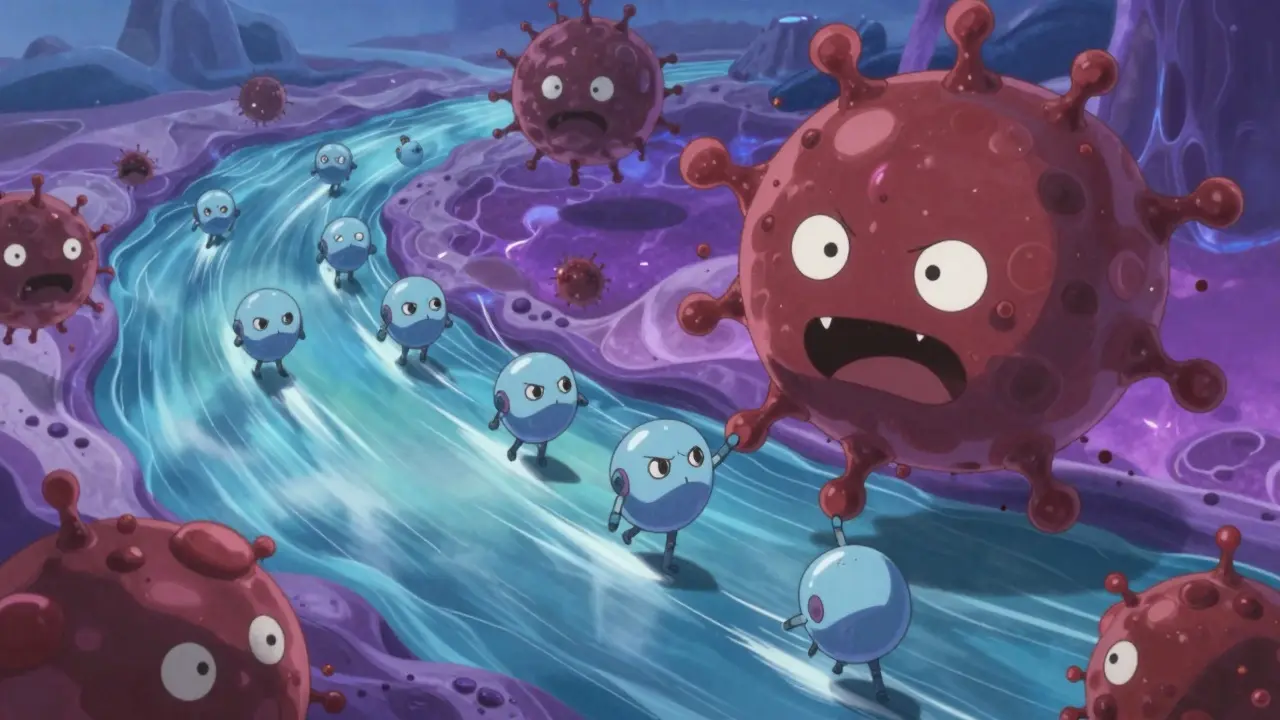 Anime scene of robot molecules removing copper toxins from the bloodstream.
