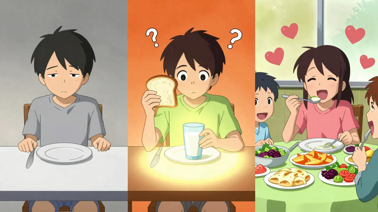 Anime scene showing three phases of FODMAP diet: elimination, reintroduction, personalization