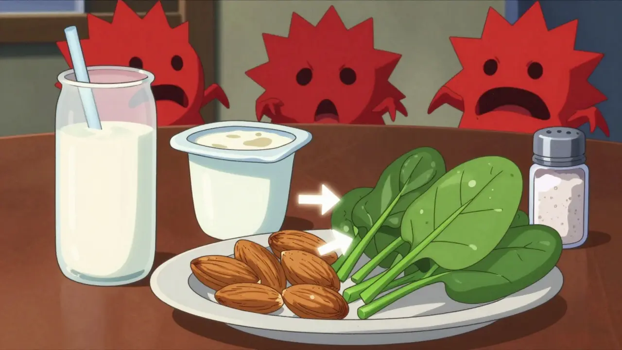 Anime style food pairing calcium with oxalate to prevent stones