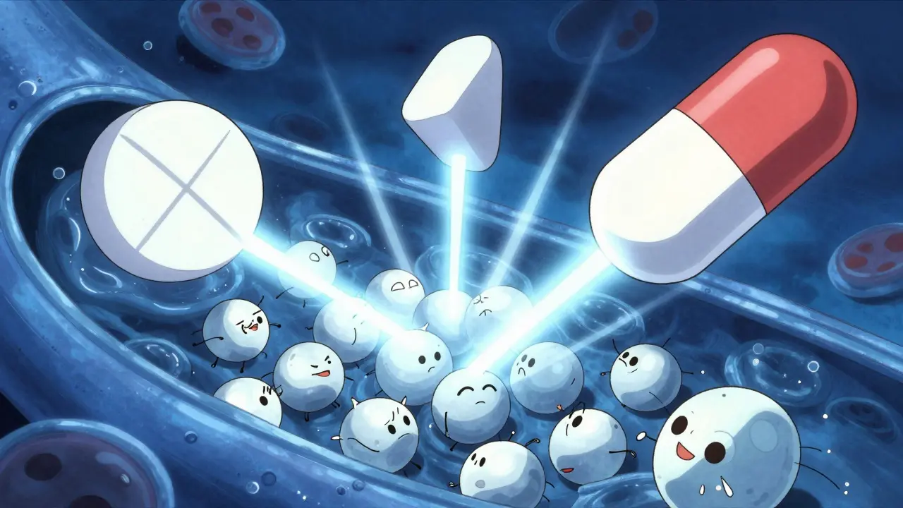 Cartoon platelets being pushed apart by large antiplatelet drug molecules in a blood vessel.