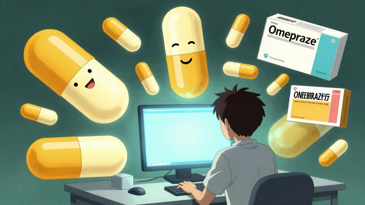 Character researching cheap generic meds online with floating pills