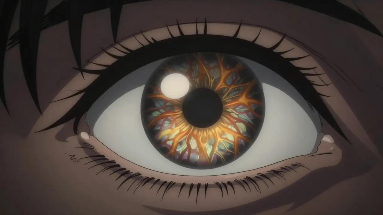 Close-up anime eye with glowing golden Kayser-Fleischer rings during exam.