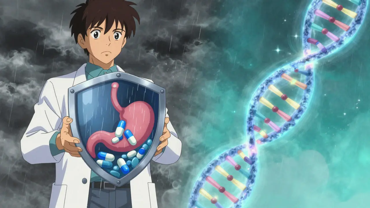 Doctor shielding stomach with PPI pills while DNA helix glows in the background.