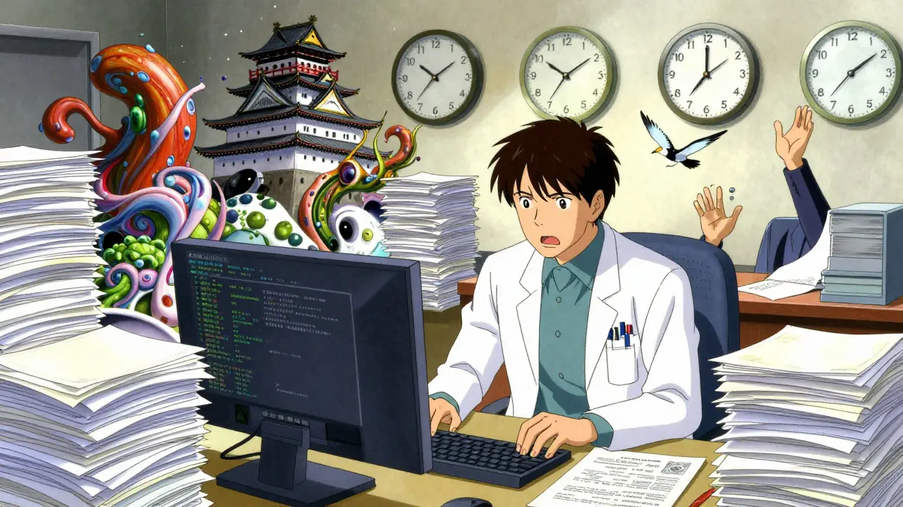 Doctor surrounded by swirling paperwork and spinning clocks representing REMS burden.