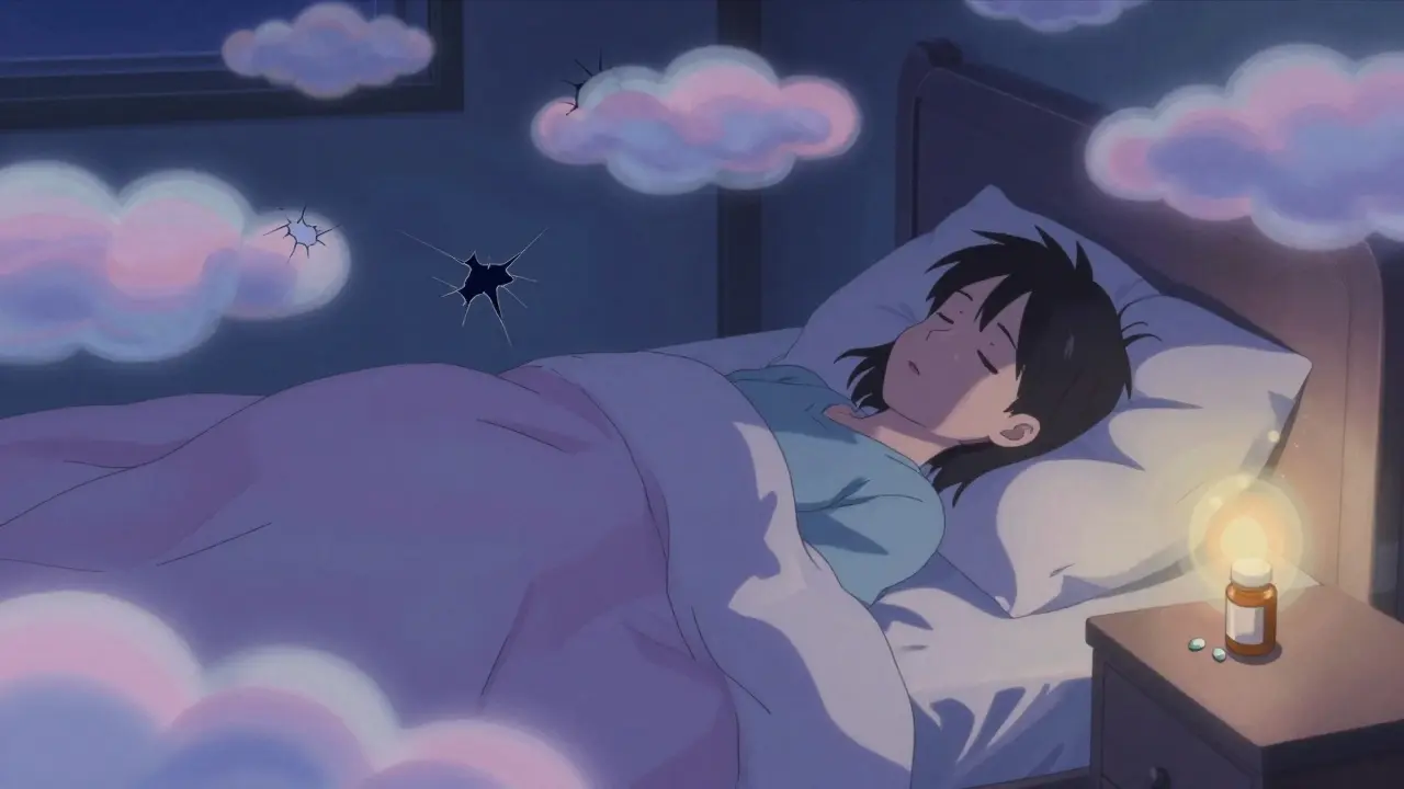 Dreamlike anime scene of peaceful sleep aided by calming medication effects.