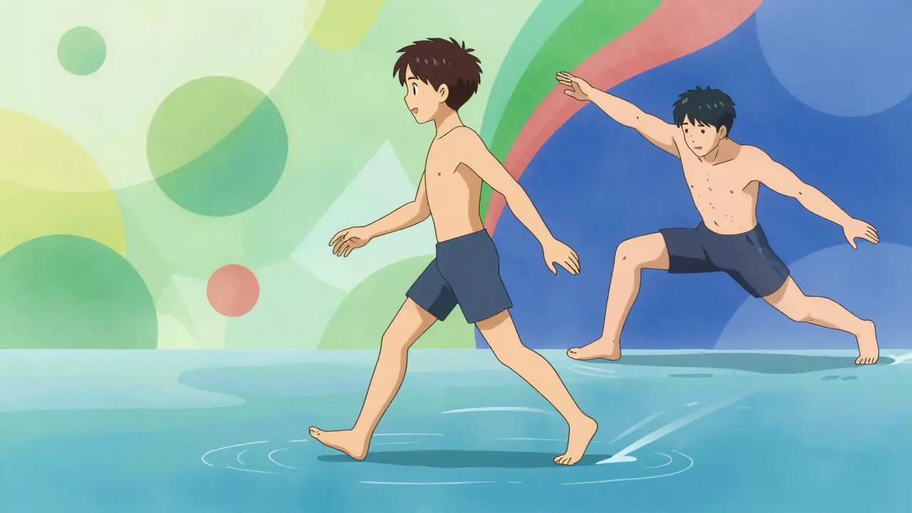Dynamic anime character exercising gently in a colorful abstract landscape.