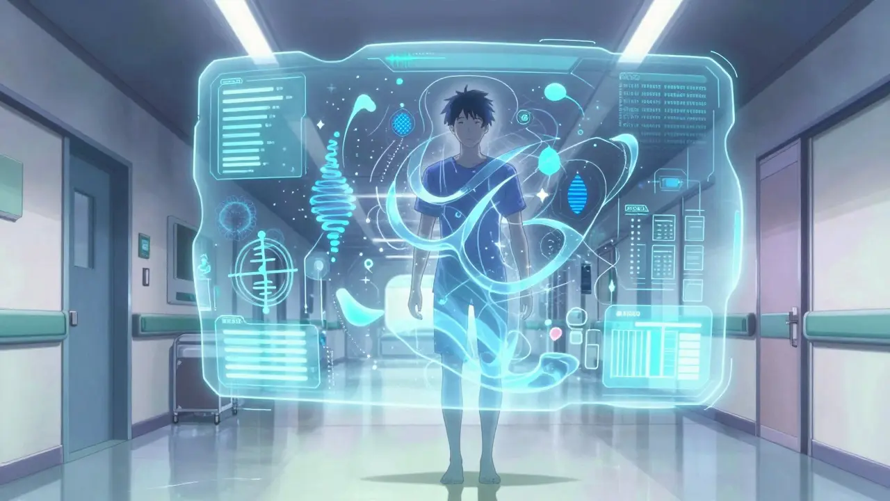 Fluid anime art showing futuristic AI health decision support system