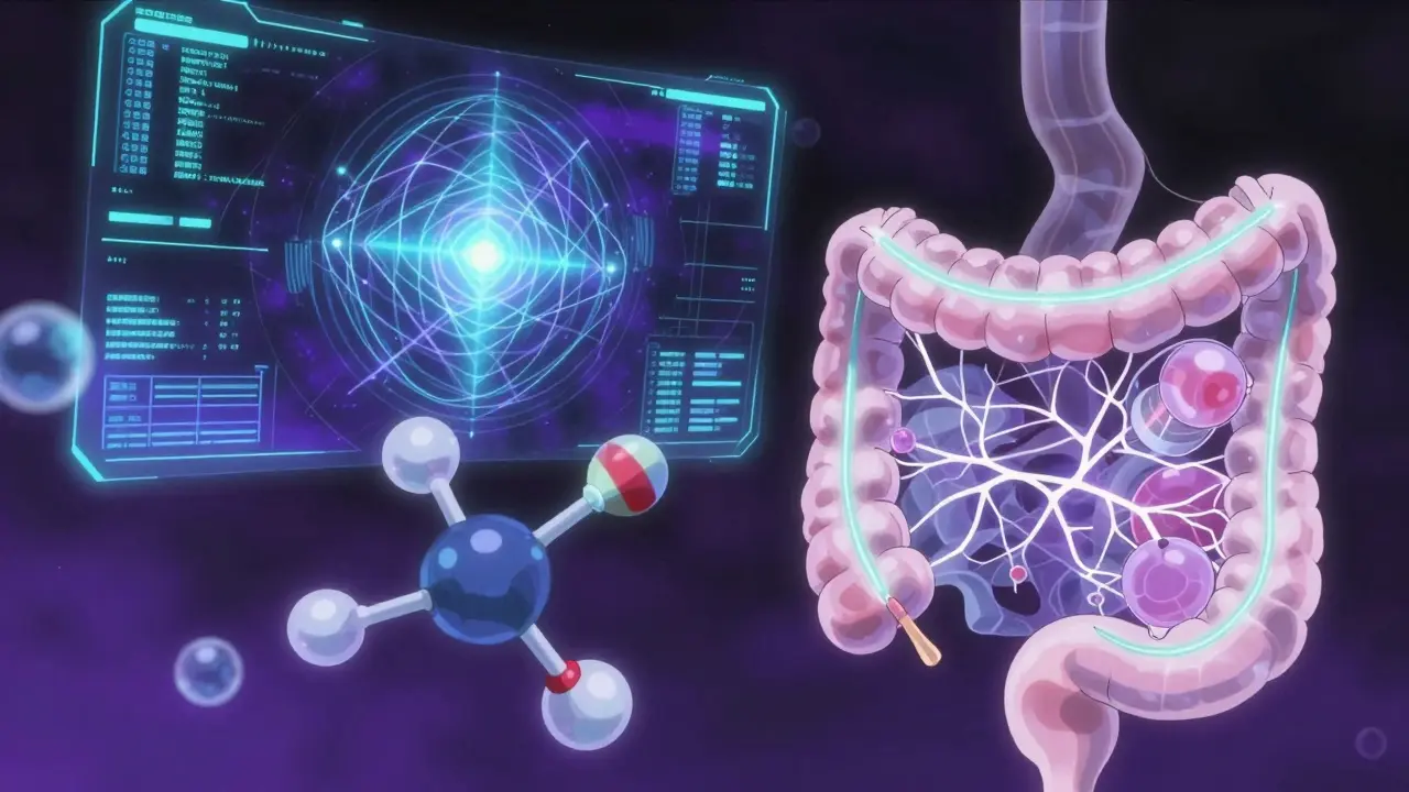 Futuristic anime illustration of drug molecules and AI predicting gut recovery.