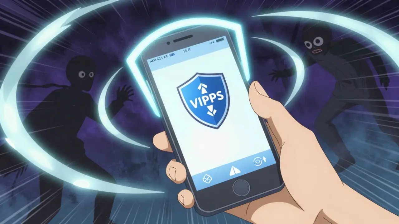 Hand holding phone with safety shield protecting against online scams