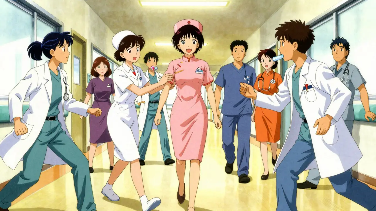 Manga-style scene of doctors helping patients walk and chew gum to prevent ileus.