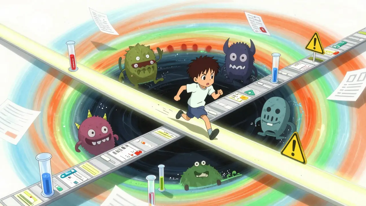 Patient navigating a surreal obstacle course of medical tests and safety checks.