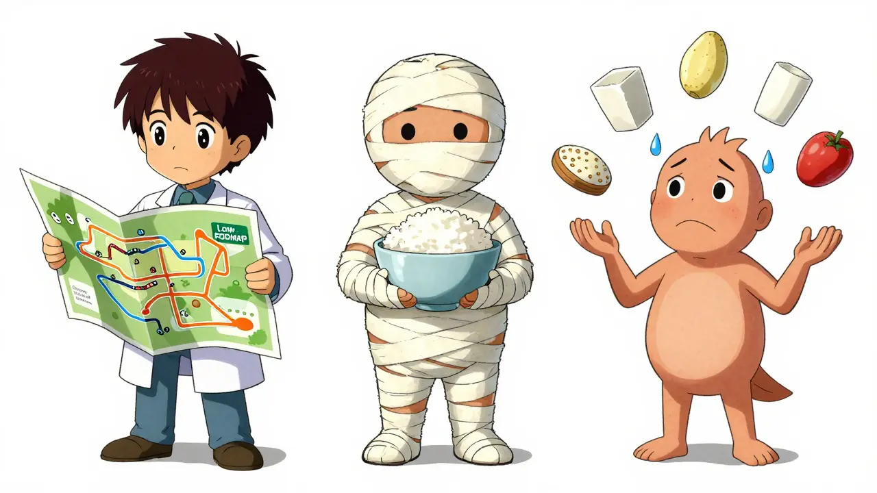 Whimsical anime comparison of three IBS diet strategies with expressive characters