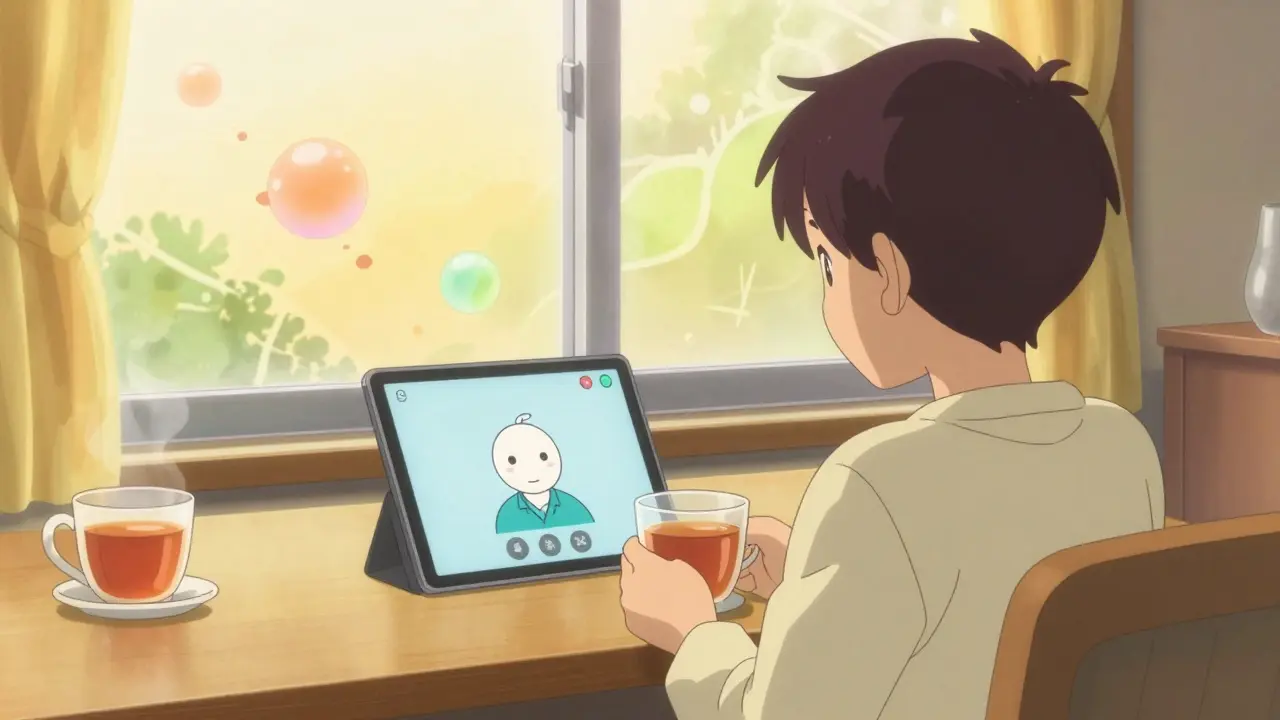 Yuasa-style anime scene of a person relaxing at home during a calm telehealth consultation on a tablet.
