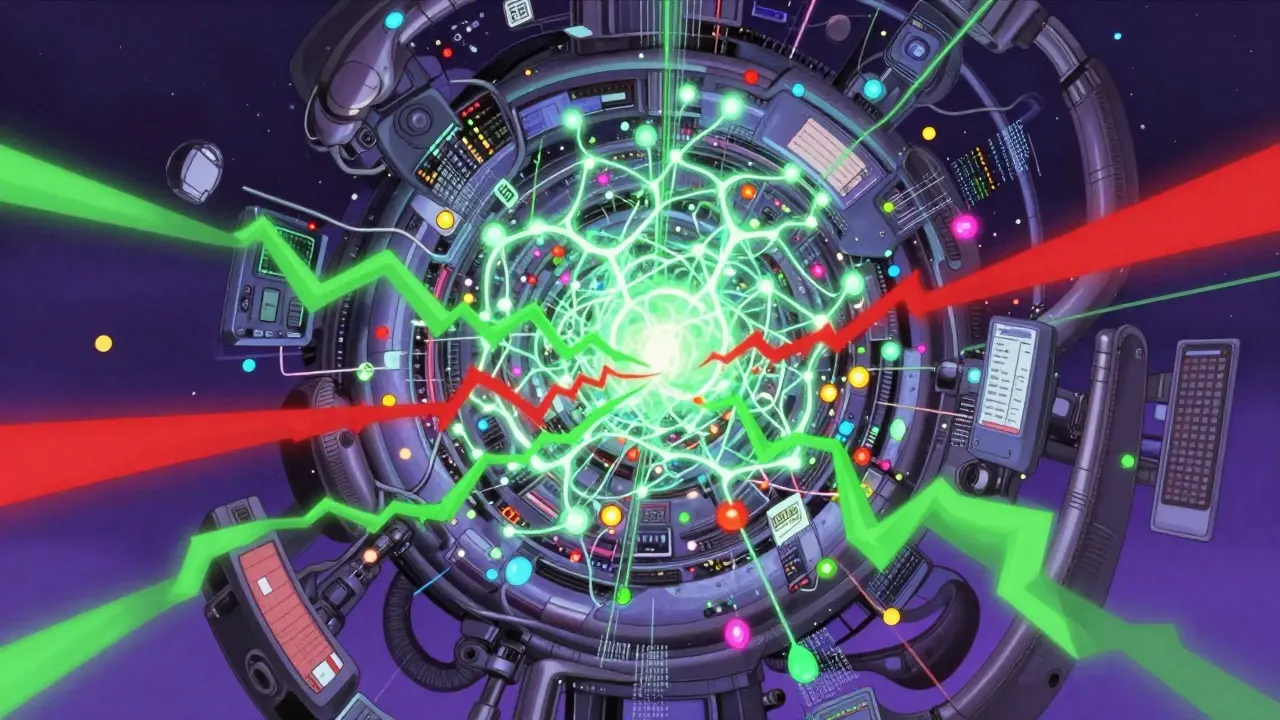 Abstract anime art of a digital network filtering drug safety data signals.