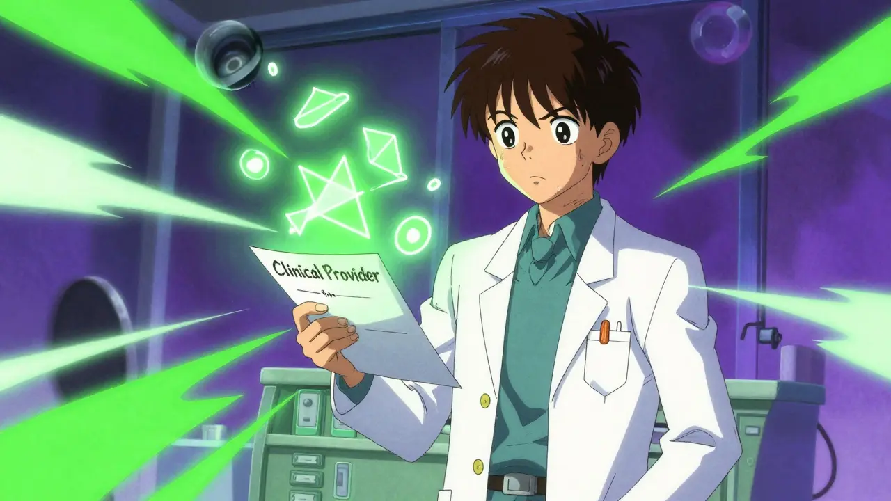 An expressive, anime-style character representing the expanded role of pharmacists, surrounded by visual metaphors for therapeutic authority and regulatory complexity in a vibrant, distorted setting.