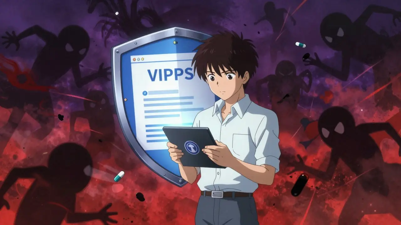 Anime character protected by digital security shield against fake meds