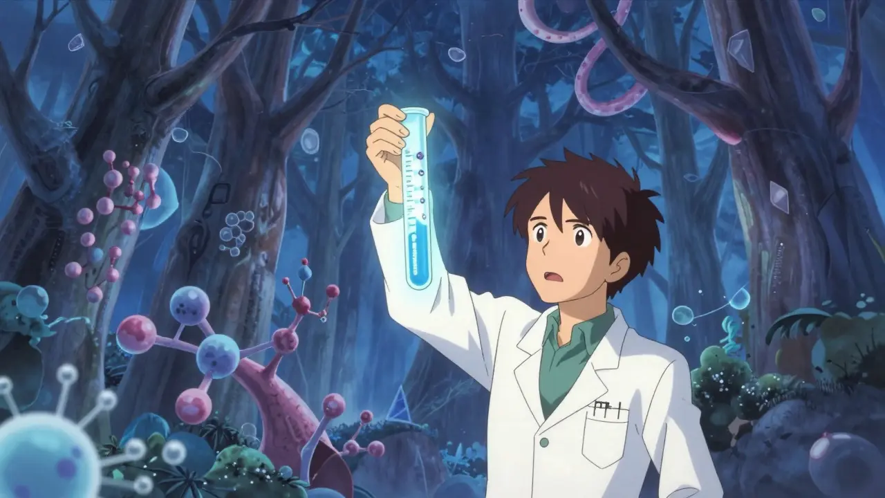 Anime scientist facing a vast forest of antibodies, illustrating patent enablement limits in biologics.