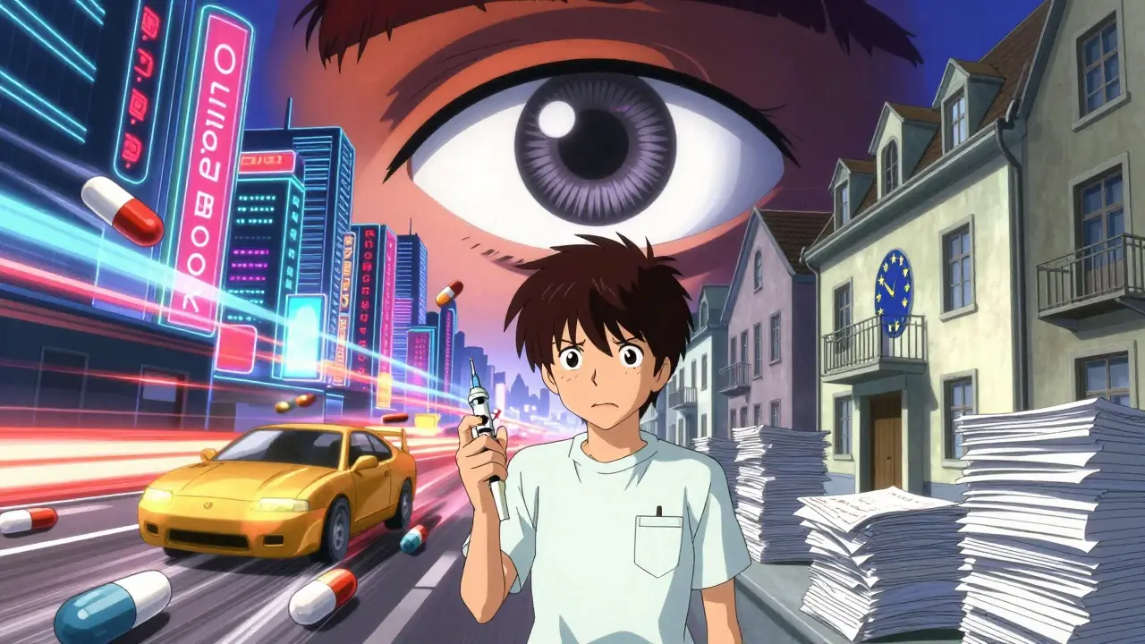 Anime split-screen showing fast US generic market vs slow EU bureaucracy, with anxious patient.