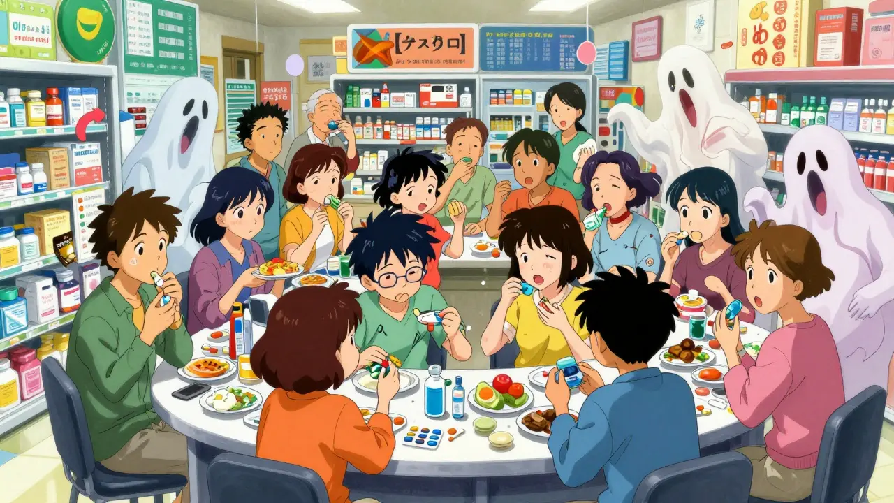 Chaotic manga-style scene showing diverse patients experiencing real-world side effects.