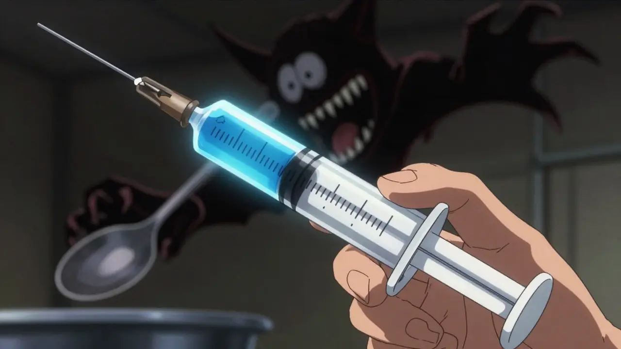 Close up of precise syringe vs dangerous kitchen spoon