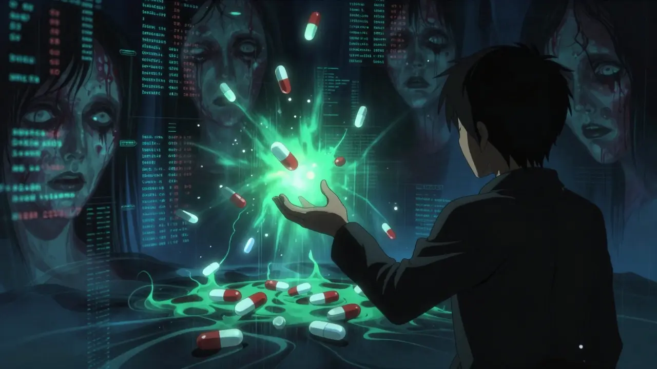 Dark anime scene showing dangerous counterfeit pills in a void