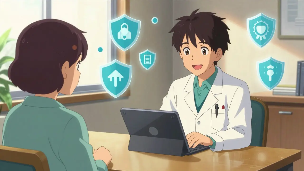 Doctor on tablet with patient in bright safe room