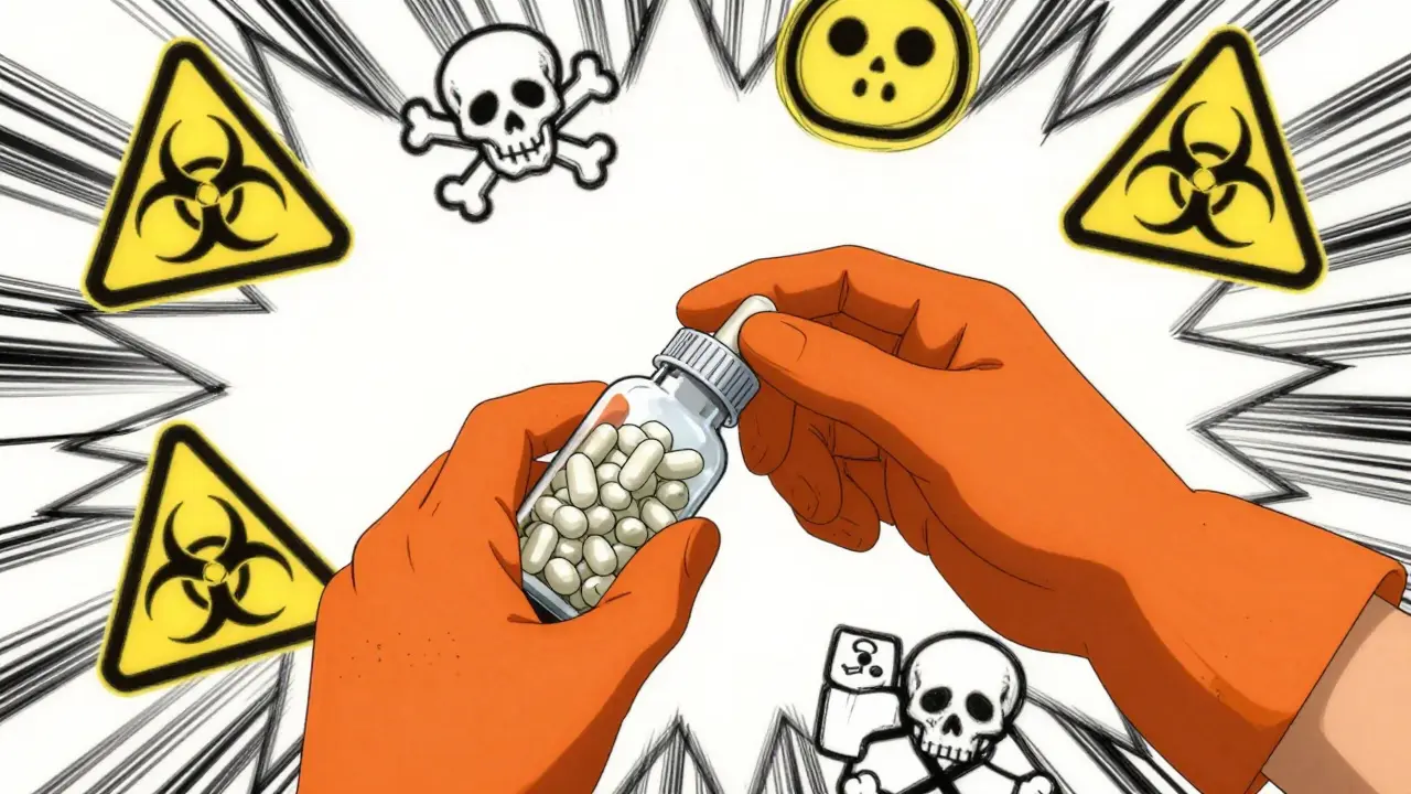 Gloved hands handling antibiotic capsules with hazard symbols
